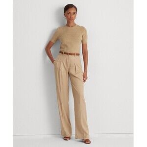 Lauren Ralph Lauren Women's Trendy Pleated Cotton Twill Wide-Leg Pants Tan Size2
